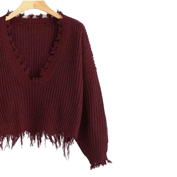 Zaful Sweaters - Cropped Distressed Sweater, Maroon